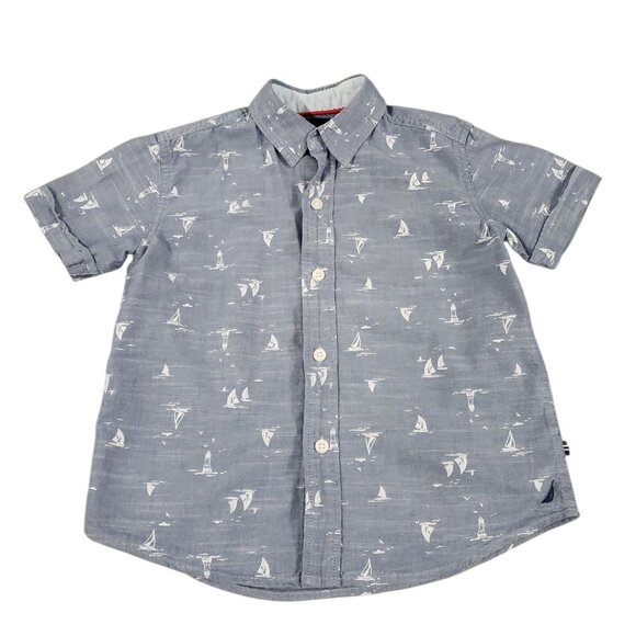 Nautica Boy's Blue with White Print Button Down Shirt Lg/7 - Picture 1 of 4